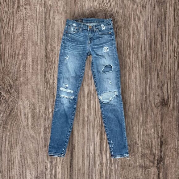J. Crew Toothpick Skinny Blue Jeans with Trendy Distressing - Picture 1 of 3